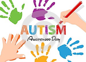 Autism Awareness Day banner with Child`s hand write text and doing Fingerprint vector design