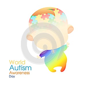 Autism awareness day concept with child and puzzle pieces. Health care poster of world autism awareness month. Colorful