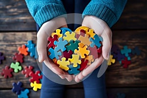 Autism awareness day concept. childs hands holding puzzle heart, support for autism spectrum