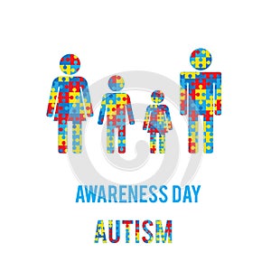 Autism awareness day. Family, mom, dad, children.  Puzzle Pieces. White background