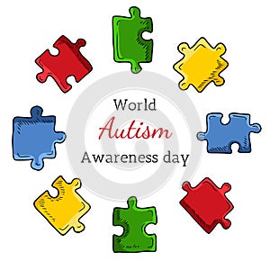 Autism awareness day with frame made of colored bright jigsaw puzzle pieces on white background. Hand drawn vector sketch