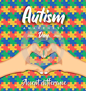 Autism Awareness Day heart shape hand puzzle card