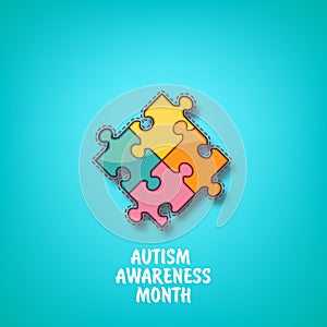 Autism awareness month banner with Multicolored puzzle isolated on azure background. Healthcare concept.