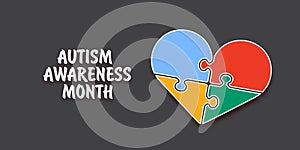 Autism awareness month horizontal banner with Multicolored puzzle isolated on grey background. Healthcare concept.