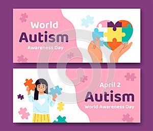 Autism day horizontal banner template set with puzzle pieces