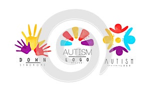 Autism and Down Syndrome Awareness Logo Collection, Kids Center, Charitable Organization Bright Colorful Emblems Vector
