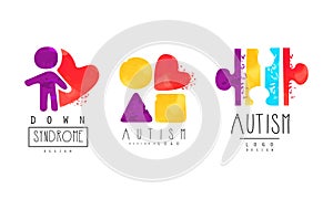 Autism and Down Syndrome Bright Logo Design Templates Set, Awareness Concept, Kids Center, Charitable Organization