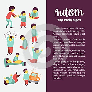 Autism. Early signs of autism syndrome in children. Vector illus