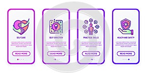 Autism mobile user interface, symptoms and adaptive skills gradient thin line icons: self care, self direction, practical skills, photo