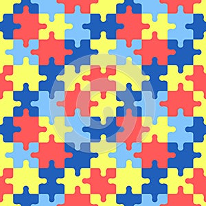 Autism puzzles pattern. Seamless background with colorful yellow, blue and red puzzle pieces. World Autism Awareness Day April 2.