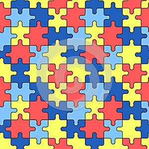 Autism puzzles pattern. Seamless background with outline colorful yellow, blue and red puzzle pieces. World Autism Awareness Day