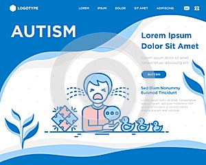 Autism symptoms and adaptive skills: child is crying in hysterics, thin line icons: repetitive behavior, stereotypy, social