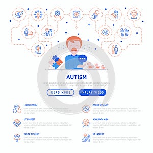 Autism symptoms and adaptive skills: child is crying in hysterics. Web page template with thin line icons: repetitive behavior,