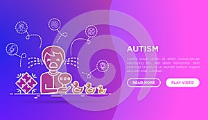 Autism symptoms and adaptive skills: child is crying in hysterics. Web page template with thin line icons: repetitive behavior,