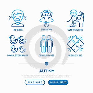 Autism symptoms and adaptive skills thin line icons set: hysterics, stereotypy,  communication, compulsive behavior, leisure