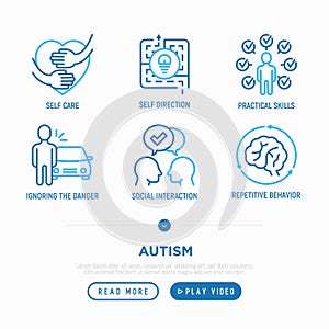 Autism symptoms and adaptive skills thin line icons set: self care, self direction, practical skills, ignoring of danger, photo