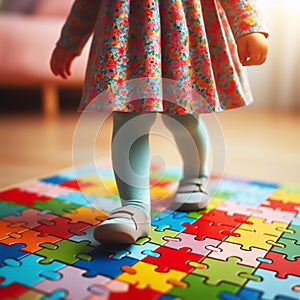 Autistic child walking on the floor formed by a puzzle with vibrant colors. World Autism Awareness Day. AI generated