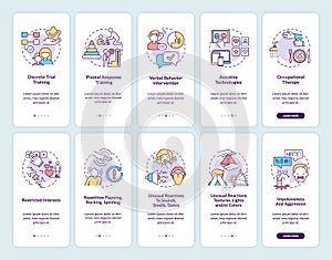 Autistic treatment methods onboarding mobile app page screens set