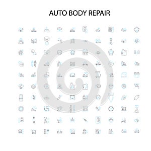 auto body repair icons, signs, outline symbols, concept linear illustration line collection