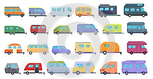 Auto camping icons set, cartoon style