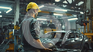 auto car engineer doing work, car engineer at the workstation with yellow helmet, hard worker