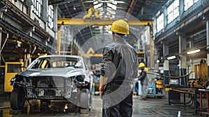 auto car engineer doing work, car engineer at the workstation with yellow helmet, hard worker