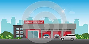 Auto car service and repair center or garage with cars