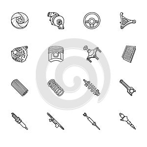 Auto car spare parts. Isometric outline icons