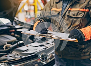 Auto check, car service shop concept. Automobile repairman writing job checklist on clipboard, mechanic checking engine