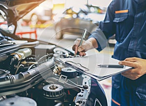 Auto check, car service shop concept. Automobile repairman writing job checklist on clipboard, mechanic checking engine