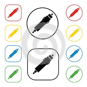 Auto connector signs set, on colored circles, on white. A set of coloured 8 icon. Flat design illustration.12 V cigarette