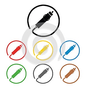 Auto connector signs set, on colored circles, on white. A set of coloured 8 icon. Flat design illustration.12 V cigarette