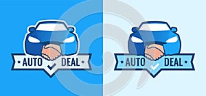 Auto Deal - Logo for car Dealership. Front view of Car with Handshakes - Creative Emblem photo