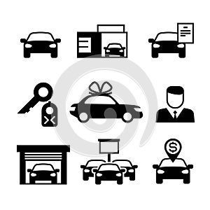 Auto dealership, car industry selling, buying and renting vector icons
