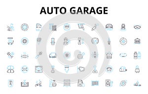 Auto garage linear icons set. Repair, Maintenance, Mechanic, Service, Tune-up, Oil, Brake vector symbols and line