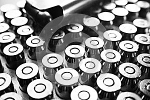 45 Auto Handgun Bullets In Black & White With Magazine Close Up High Quality