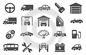 Auto icons. Vehicle silhouettes and servicing symbols. Spare parts, auto repair and car wash design for web, mobile and