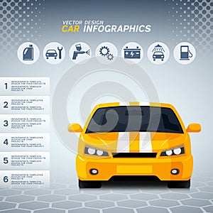 Auto info graphics with generic sports car and service icons