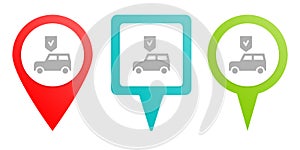 Auto insurance, car, protection, shield. Multicolor pin vector icon, diferent type map and navigation point