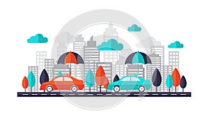 Auto insurance concept - Car protected under umbrella running on the road through the town.Flat design illustration.