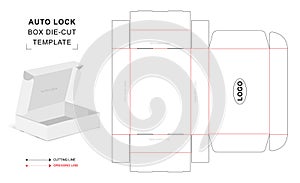 Auto lock box die cut template, packaging die cut template, 3d box, keyline