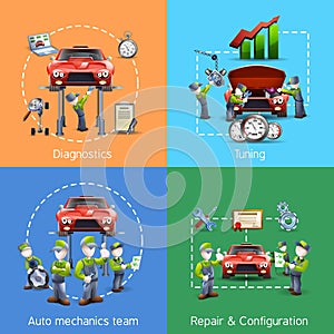 Auto mechanic 4 icons square banner