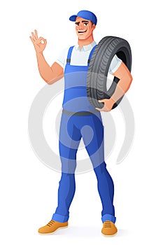 Auto mechanic car service man holding tire. Vector illustration.