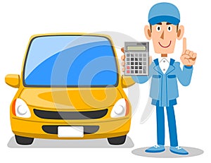 Auto mechanic and car showing a calculator