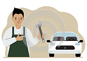 Auto mechanic in a car workshop near a white car. A man holds a wrench in his hand. Car repair concept. Poster