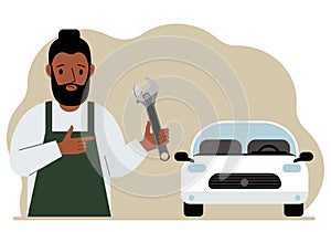 Auto mechanic in a car workshop near a white car. A man holds a wrench in his hand. Car repair concept. Poster