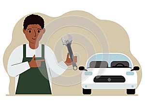 Auto mechanic in a car workshop near a white car. A man holds a wrench in his hand. Car repair concept. Poster