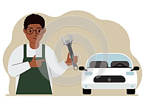 Auto mechanic in a car workshop near a white car. A man holds a wrench in his hand. Car repair concept. Poster