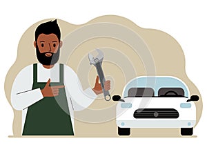 Auto mechanic in a car workshop near a white car. A man holds a wrench in his hand. Car repair concept. Poster