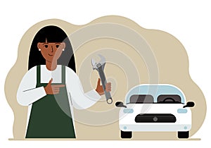Auto mechanic in a car workshop near a white car. A woman holds a wrench in his hand. Car repair concept. Poster